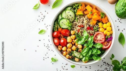 quinoa breakfast bowl with veggies, balanced meal, minimalist design, vibrant colors, isolated on white background 