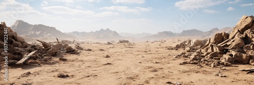 War torn desert with tanks and military debris