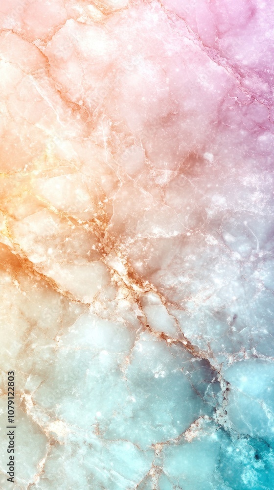Fototapeta premium An abstract image with a marbled pastel background, golden sparkles, and delicate light pink flowers creates a dreamy, ethereal scene, perfect for a phone wallpaper.