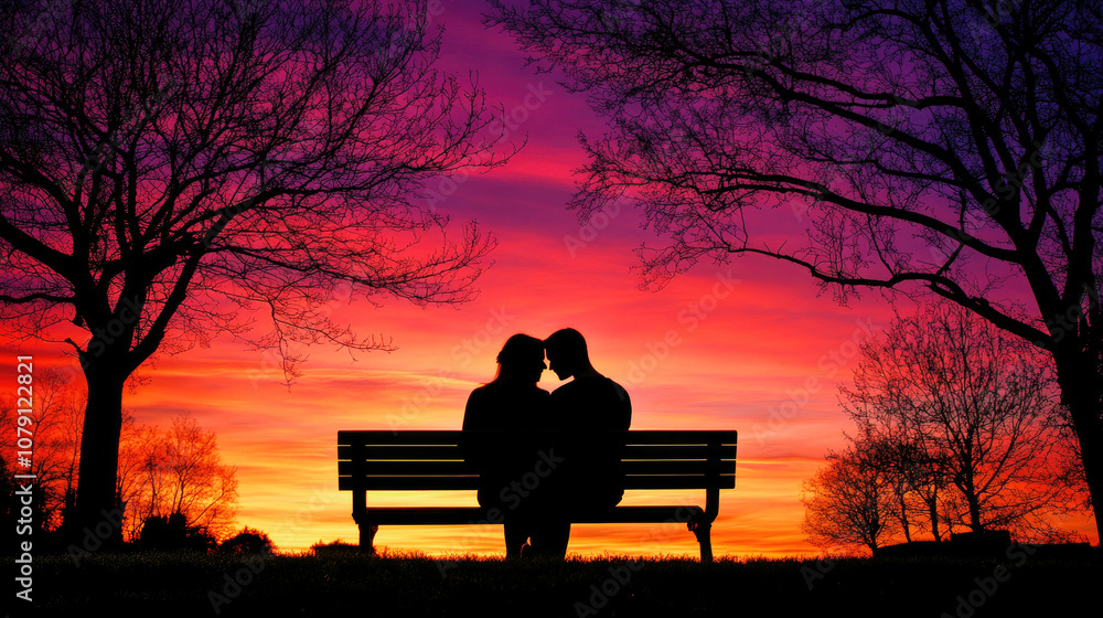 Silhouette of a young couple sitting closely on a park bench during a vibrant sunset Silhouette of a young couple sitting closely on a park bench during a vibrant sunset