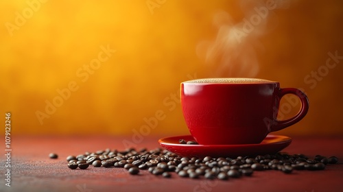 A red coffee cup with a cheerful and vibrant red and yellow background.  photo