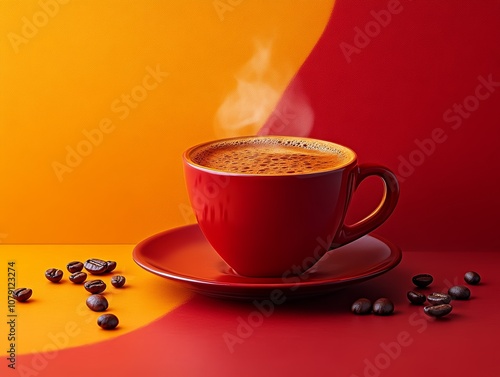 A red coffee cup with a cheerful and vibrant red and yellow background.  photo