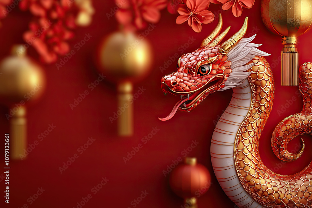 Fototapeta premium Red dragon illustration with golden lanterns and flowers, symbolizing Lunar New Year celebrations, exuding festive and vibrant atmosphere