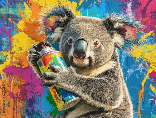 Graffitistyle koala hugging a spray can, vibrant colors, urban jungle background, playful and artistic photo