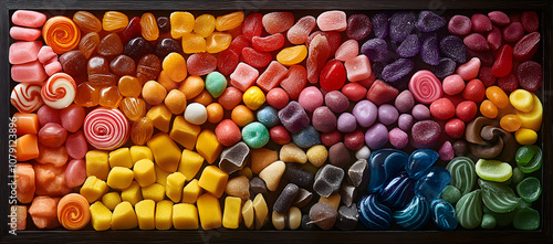 A large pile of colorful candies and sweets arranged in an intricate, eye-catching display, showcasing a variety of vibrant colors, shapes, and textures, evoking feelings of joy, indulgence, and nosta photo