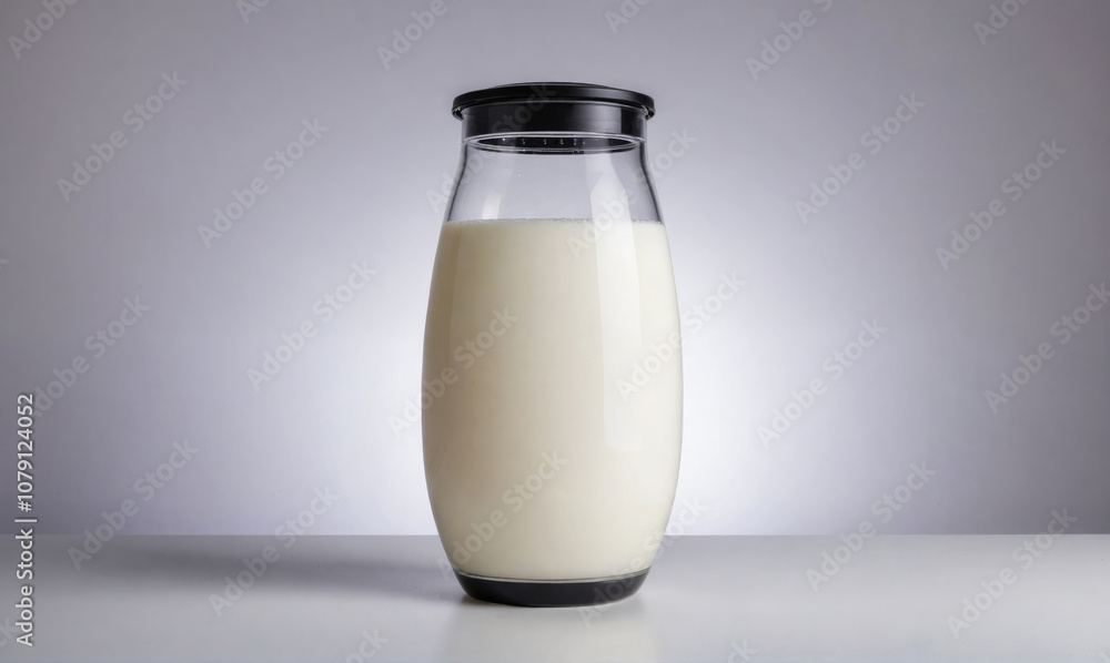 A tall glass jar with a black lid filled with white liquid sits on a white table in front of a grey backdrop A tall glass jar with a black lid filled with white liquid sits on a white table in front of a grey backdrop