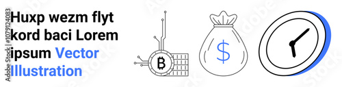 Bitcoin digital node, money bag with dollar sign, and clock with blue outline convey finance, technology, cryptocurrency, investment, savings, and time management. Ideal for fintech, banking