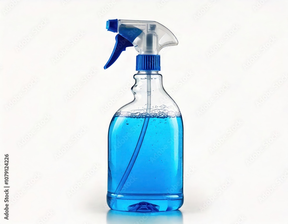 Blue spray bottle with a trigger nozzle on a white isolated background. Blue spray bottle with a trigger nozzle on a white isolated background.