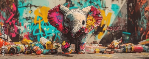 Wallpaper Mural Adorable baby elephant spraypainted in neon graffiti style, urban street background, fun and playful mood Torontodigital.ca