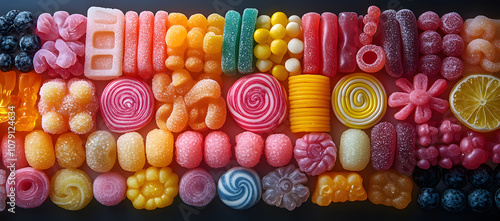 A large pile of colorful candies and sweets arranged in an intricate, eye-catching display, showcasing a variety of vibrant colors, shapes, and textures, evoking feelings of joy, indulgence, and nosta photo