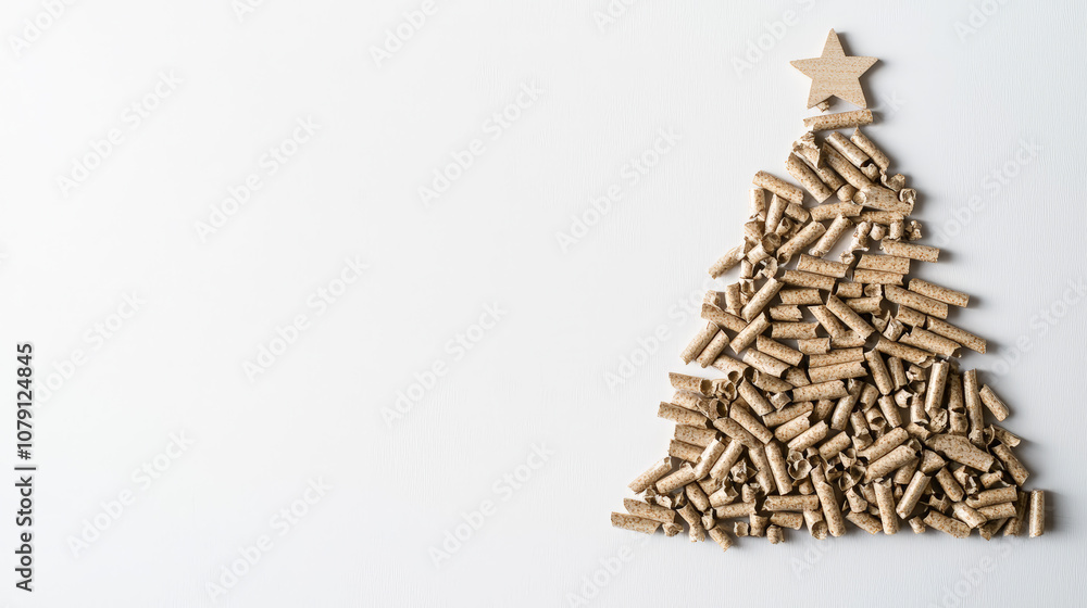 This festive image features a Christmas tree crafted from wood pellets, placed on a crisp white background. Generative AI This festive image features a Christmas tree crafted from wood pellets, placed on a crisp white background. Generative AI
