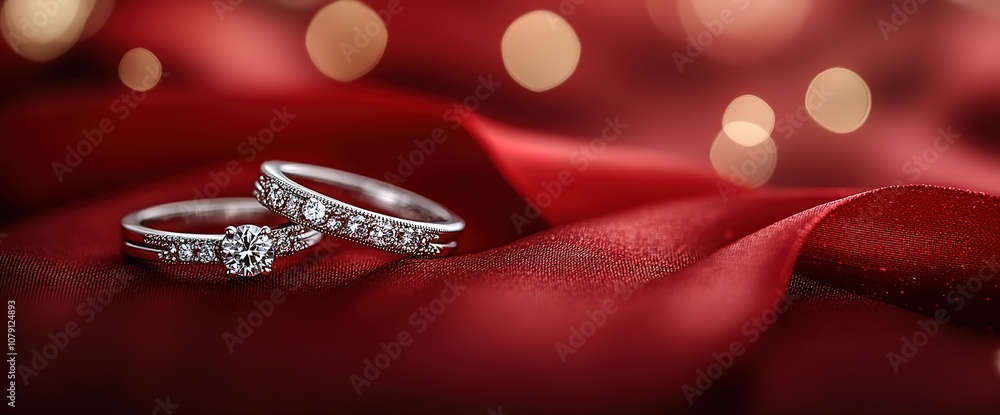 Two diamond rings lie together on a soft red fabric, a symbol of love and commitment. Two diamond rings lie together on a soft red fabric, a symbol of love and commitment.