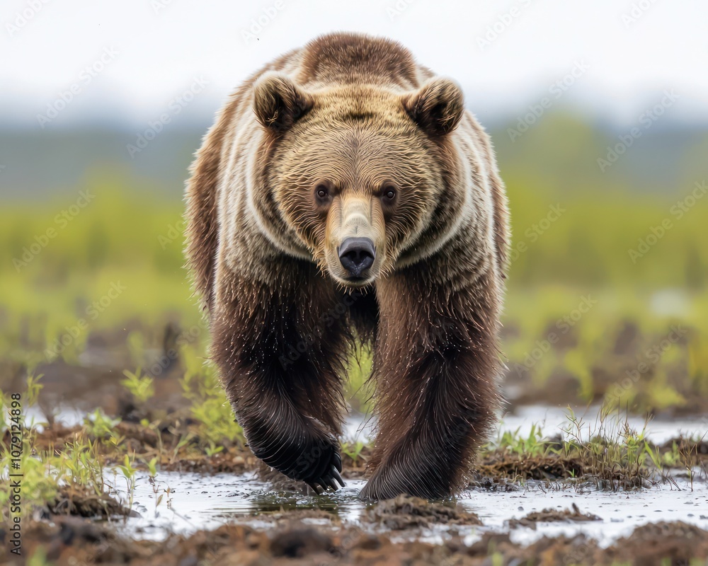 Obraz premium Panoramic view a brown bear walking through a summer bog