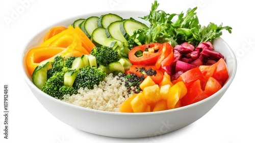 vegan breakfast bowl, colorful veggies and quinoa, balanced and modern, clean style, isolated on white background