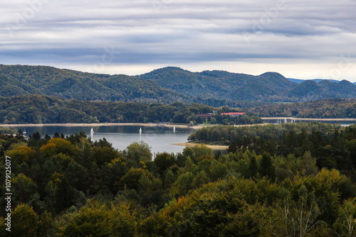 View from a drone of Lake Solina and the surrounding area.