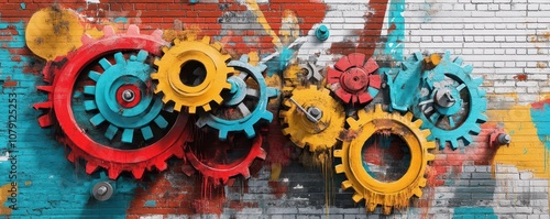 Corporate figure spraypainting graffiti cogs and gears, neon colors on a brick wall backdrop