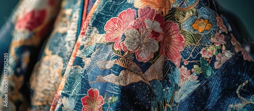 Close up view of intricately remade clothes crafted from vintage kimono fabric showcasing unique textile art and sustainable fashion photo