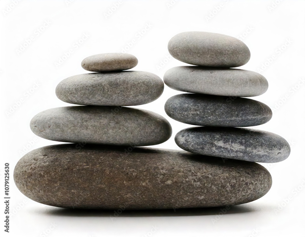 Stacked smooth stones on a white background for relaxation and balance. Stacked smooth stones on a white background for relaxation and balance.