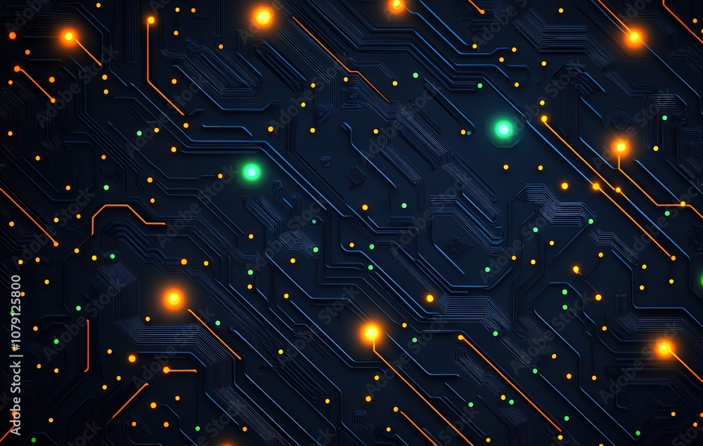 Abstract background with illuminated circuit board. Orange and green lights highlight a network of lines and dots. Abstract background with illuminated circuit board. Orange and green lights highlight a network of lines and dots.
