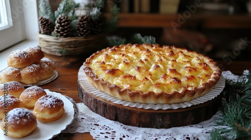 Delicious dessert spread featuring tart and pastries on a wooden table photo