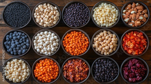 Colorful assortment of dried fruits and nuts in bowls on wooden table