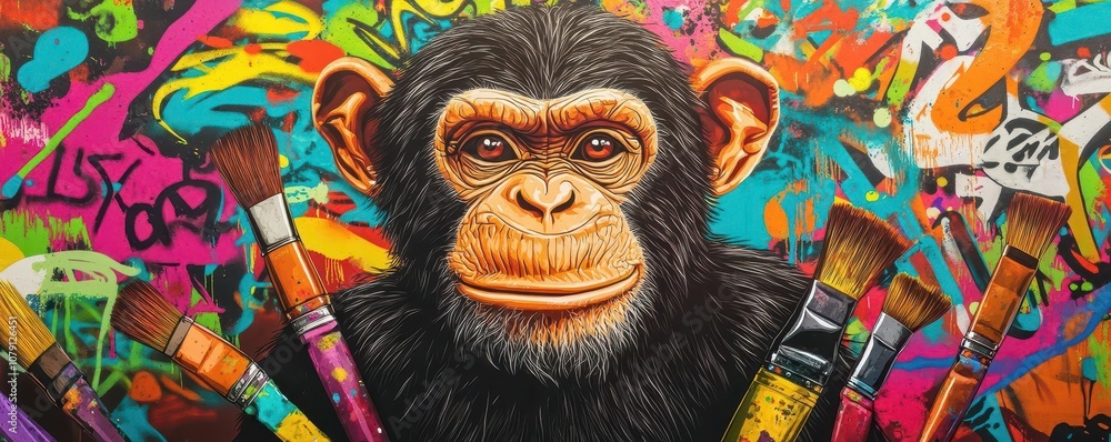 Graffiti monkey swinging on paintbrushes, neon colors, urban wall splashed with vibrant patterns Graffiti monkey swinging on paintbrushes, neon colors, urban wall splashed with vibrant patterns