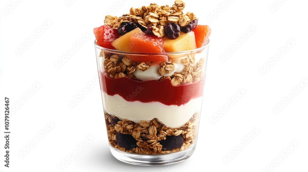 yogurt parfait with granola and fruits, layered presentation, modern and stylish, isolated on white background yogurt parfait with granola and fruits, layered presentation, modern and stylish, isolated on white background