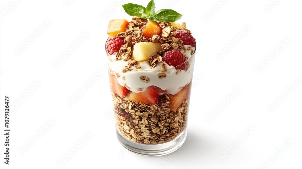 yogurt parfait with granola and fruits, layered presentation, modern and stylish, isolated on white background yogurt parfait with granola and fruits, layered presentation, modern and stylish, isolated on white background