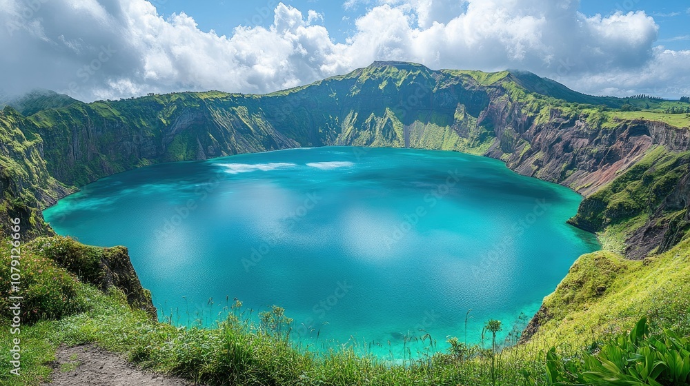 Fototapeta premium Breathtaking volcanic lake surrounded by lush green mountains and dramatic clouds