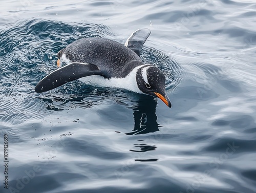 Penguin diving in the ocean, rippling the watera??s surface photo