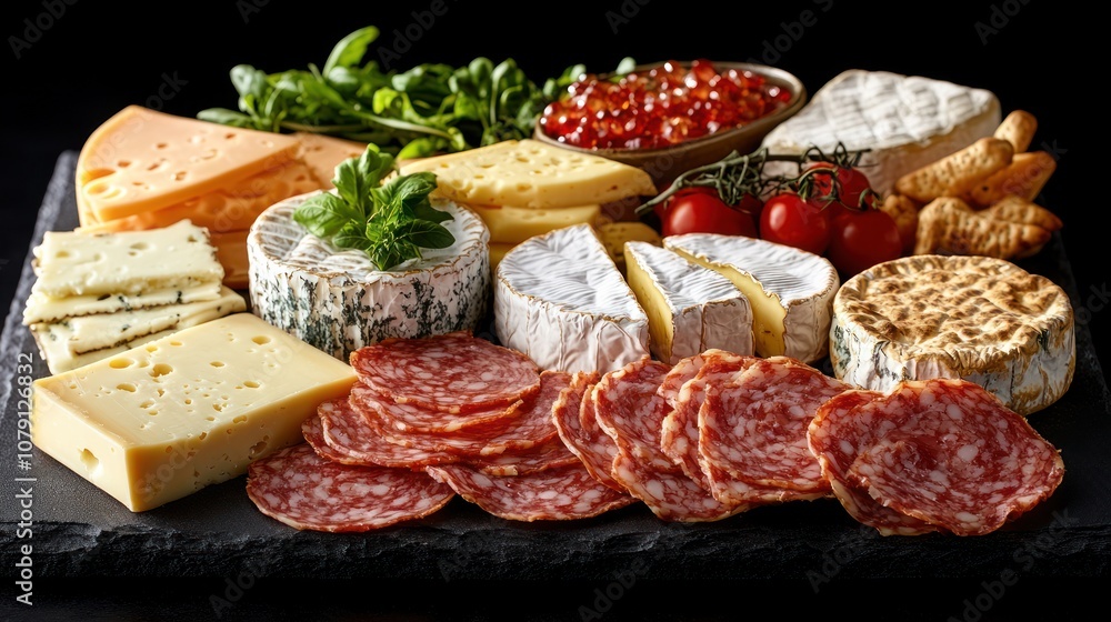 Cheese, salami, and crackers on a black slate platter.