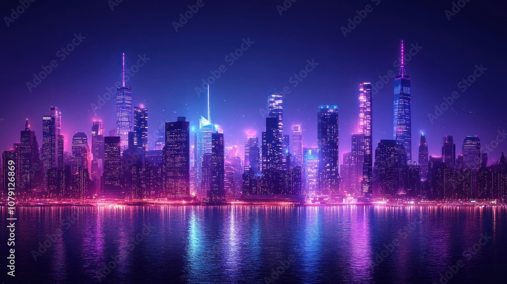 Fototapeta premium A Nighttime View of a City Skyline with Neon Lights Reflecting in the Water
