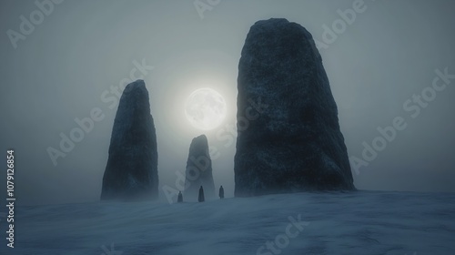 Druid in black robe at worship at centre of Stone Circle at night with full moon. Pagan New Year, winter equinox. Wiccan religion. Mystical magic ritual in fantasy stone temple for celebrating Yule photo