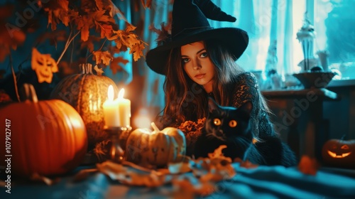 Beautiful witch with pumpkin. Halloween theme. photo