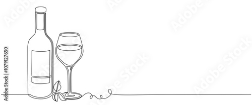 continous line drawing bottle of wine with wineglass vector eps