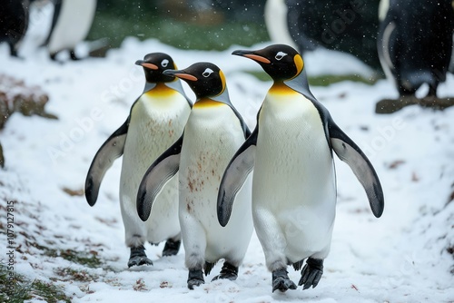 Penguins walking together on snowy ground in cold weather