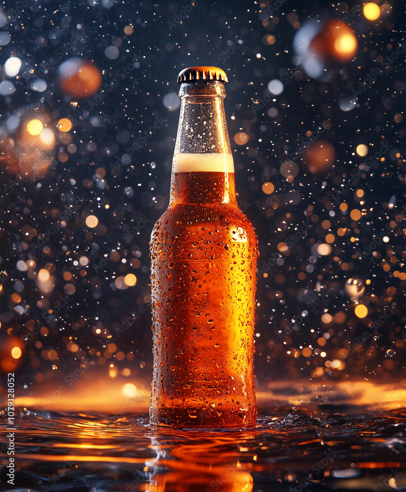 Commercial product photography of a beer bottle with an appetizing, cool atmosphere, enhanced by splashing water, drips, and dramatic backlighting. Captured with a professional DSLR, bokeh, gold. Commercial product photography of a beer bottle with an appetizing, cool atmosphere, enhanced by splashing water, drips, and dramatic backlighting. Captured with a professional DSLR, bokeh, gold.