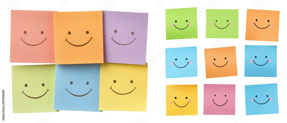 Colorful Sticky Notes with Smiley Faces on a White Background, Perfect for Creative Projects, Office Organization, or Fun Learning Activities for Kids and Adults Alike Colorful Sticky Notes with Smiley Faces on a White Background, Perfect for Creative Projects, Office Organization, or Fun Learning Activities for Kids and Adults Alike