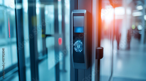 Closeup of a security badge being scanned at a secure entrance representing physical security as part of information security protocols