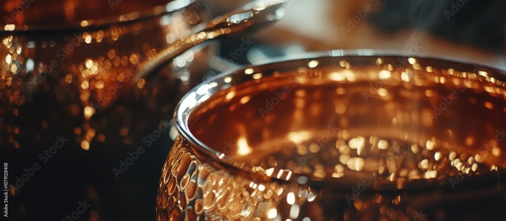 Close up of a gleaming set of copper cookware showcasing intricate craftsmanship and timeless elegance Close up of a gleaming set of copper cookware showcasing intricate craftsmanship and timeless elegance