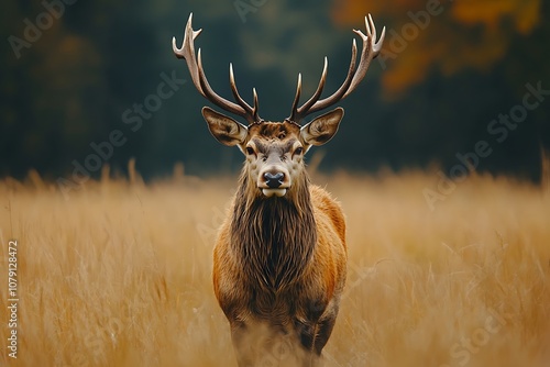 Gentle Red Deer Buck in Autumn Field