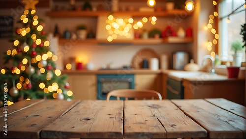 Festive kitchen backdrop with empty wooden table in foreground, blurred warm Christmas kitchen background