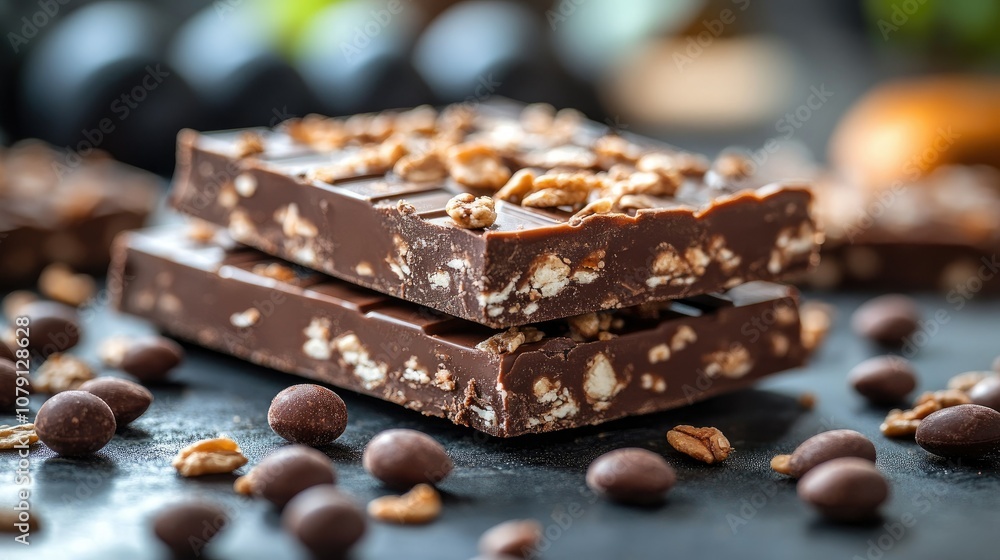 Delicious chocolate bars with nuts and cocoa scattered around Delicious chocolate bars with nuts and cocoa scattered around