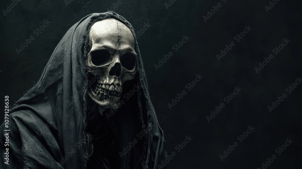Grim reaper closeup view in dark. Grim reaper closeup view in dark.