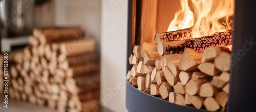 Close up of burning pine firewood in a home central heating system showcasing warmth and energy efficiency