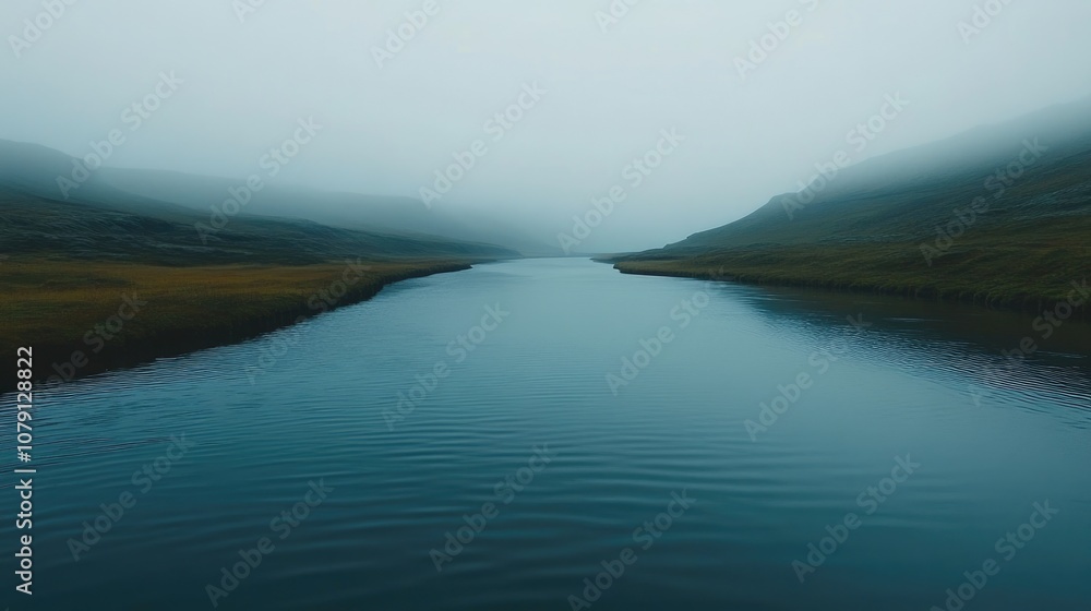Tranquil Landscape of Iceland's Highlands: Serene Waters and Rolling Hills under Overcast Skies Tranquil Landscape of Iceland's Highlands: Serene Waters and Rolling Hills under Overcast Skies