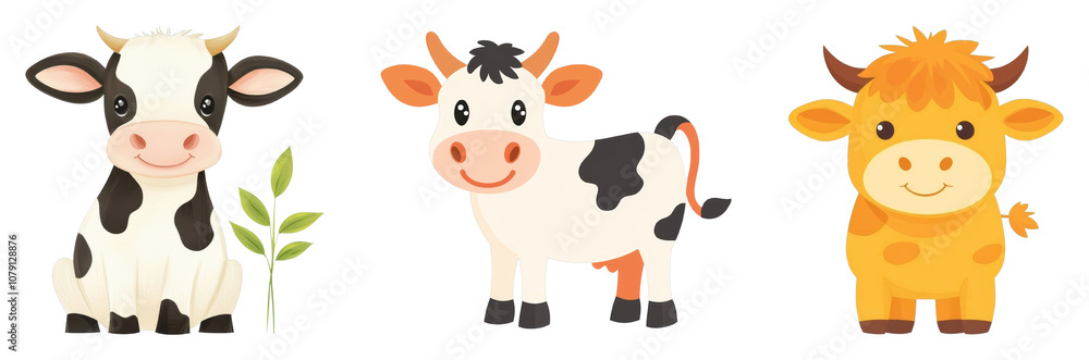 Cute and Playful Farm Animals Featuring Cartoon Cow Characters with Different Colors and Expressions, Perfect for Children's Illustrations and Farm-Themed Projects Cute and Playful Farm Animals Featuring Cartoon Cow Characters with Different Colors and Expressions, Perfect for Children's Illustrations and Farm-Themed Projects