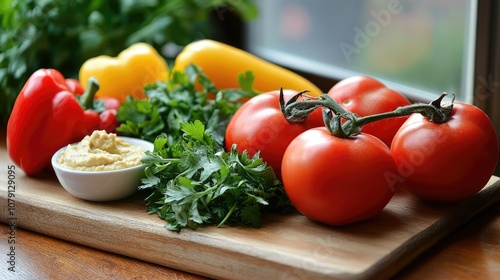 Fresh vegetables and herbs with hummus on a wooden cutting board photo