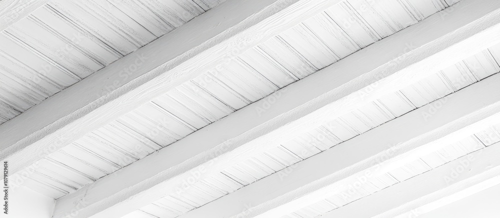 Obraz premium Close up view of a modern white wooden ceiling with parallel beams highlighting abstract patterns and bright surfaces
