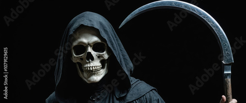 A skeletal figure in a black robe holds a large, curved blade in front of a dark background photo